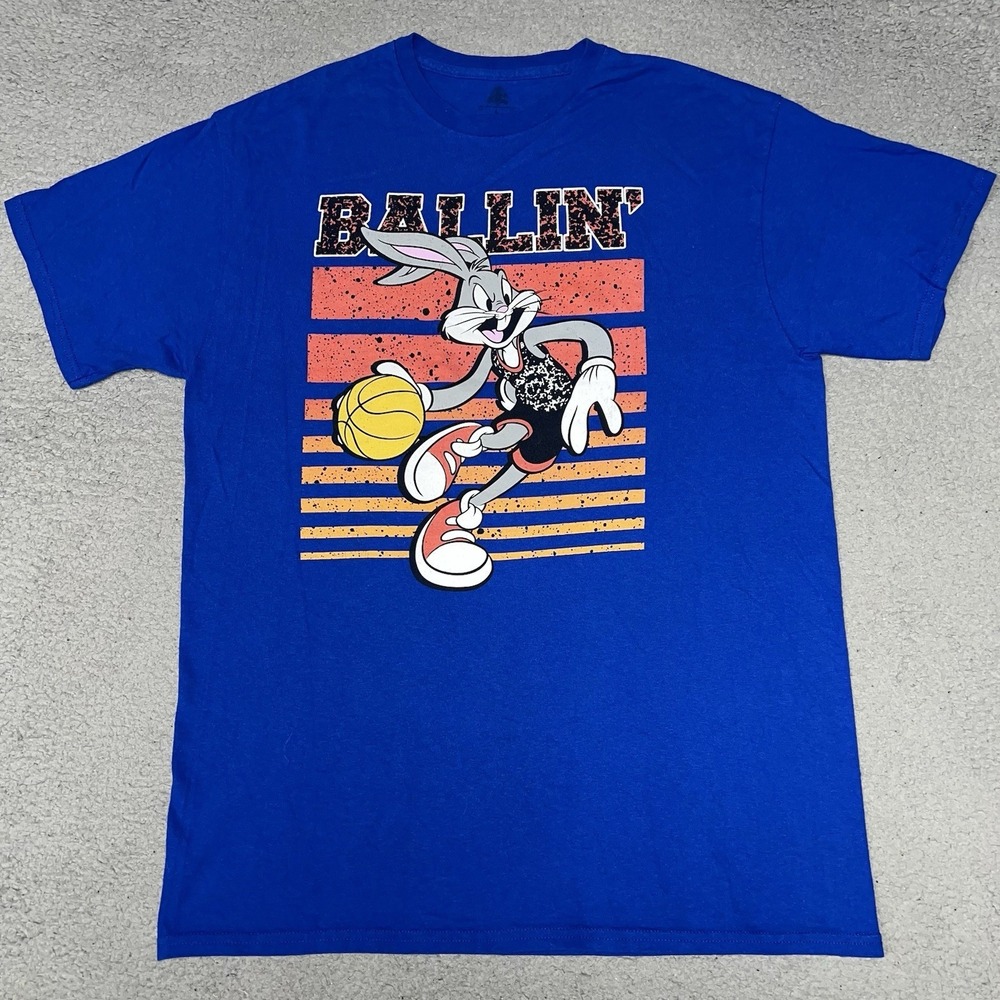 Looney Tunes Ballin' Bugs Bunny T Shirt Men's Sz L Blue Space Jam Basketball Tee